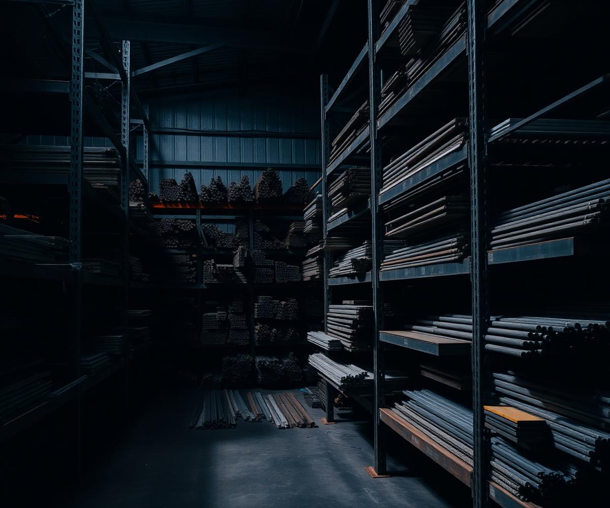 Steel bars and profiles stored in a warehouse